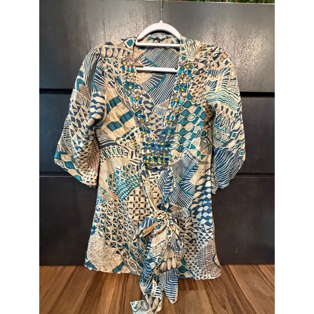 Per Una 100% Silk Beaded Tunic Top Abstract Geometric Tie Front Blouse